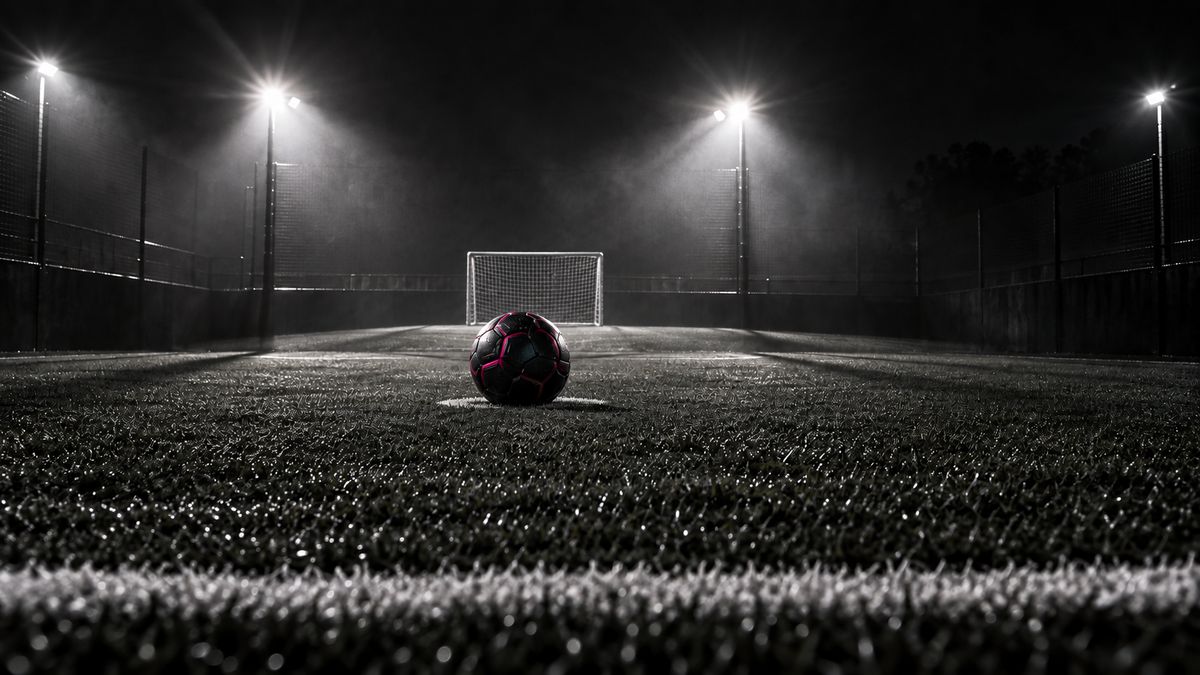 Cancha de fútbol 5 de noche: balón con detalles magenta frente a la portería